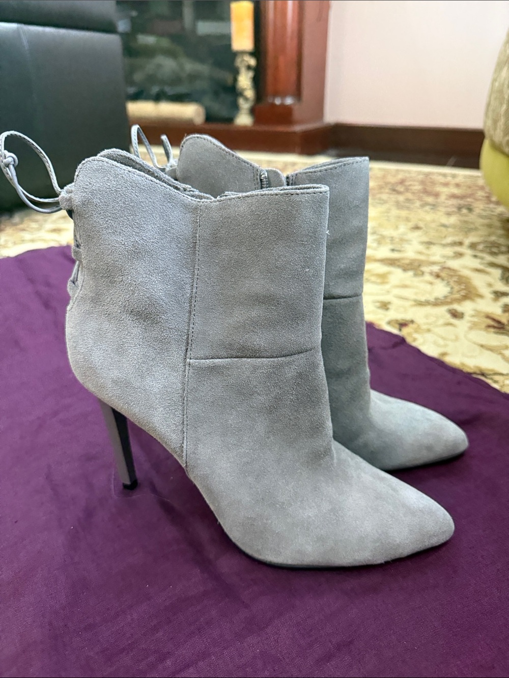 French Connection Light Gray Suede Pointed Toe Stiletto Ankle Boots